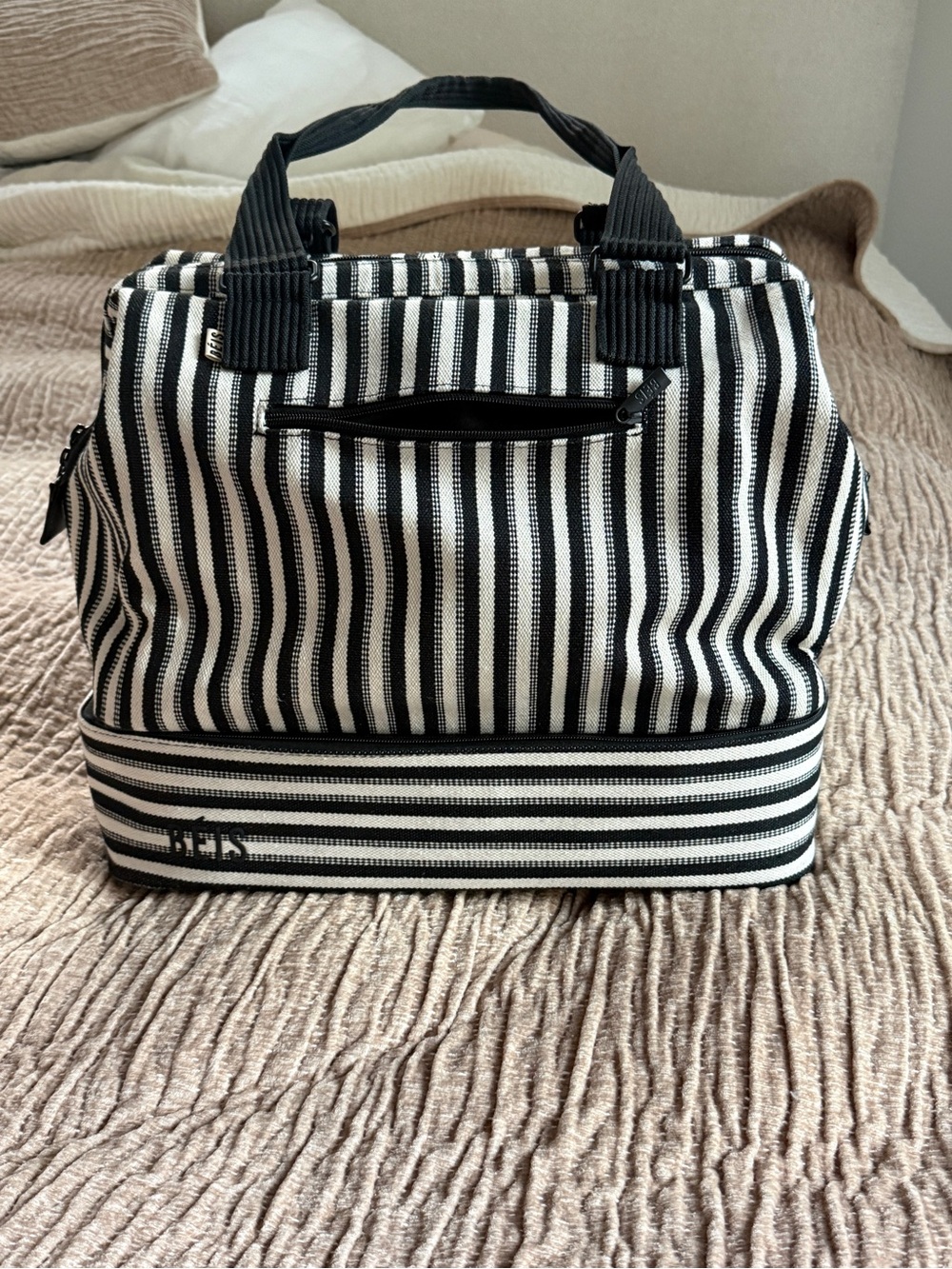 Black and White Striped mini weekender bag Beis